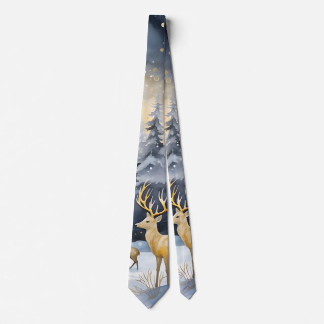 Christmas Mountains Trees Deer Stars Blue Grey Tie (Front)