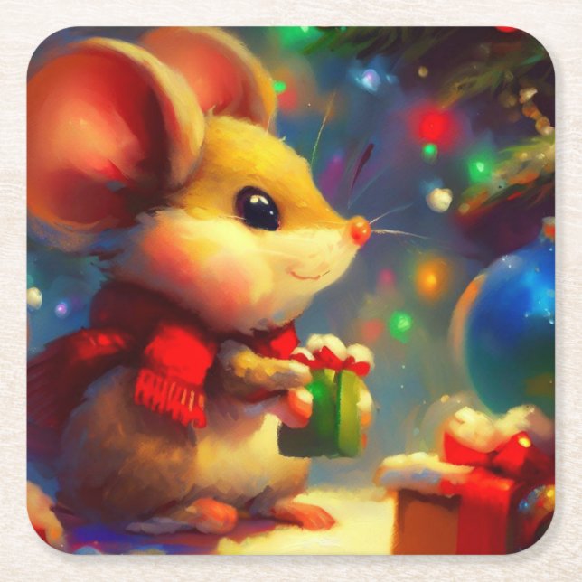 Christmas Mouse 2 Square Paper Coaster (Front)
