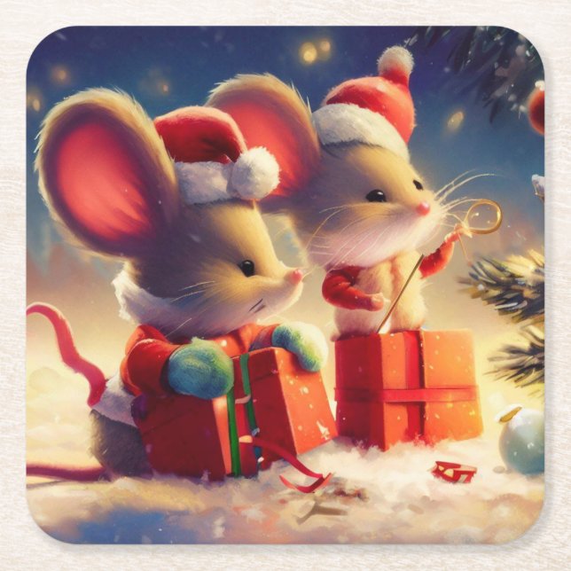 Christmas Mouse 3 Square Paper Coaster (Front)