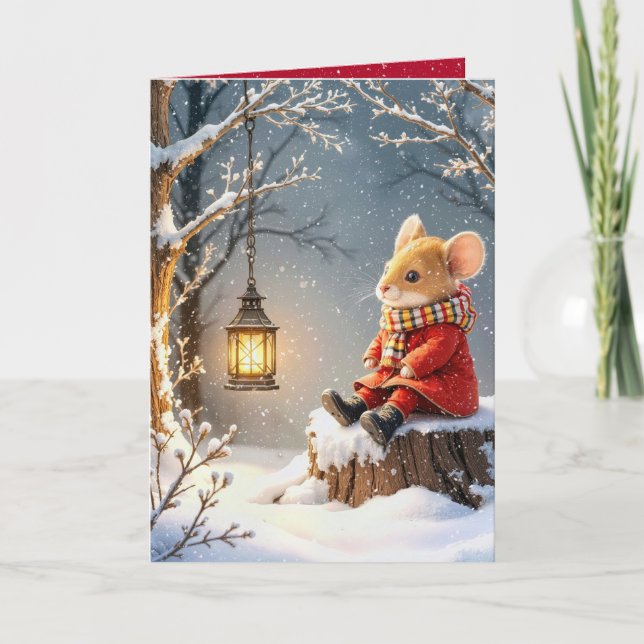Christmas Mouse and Forest Lantern In Snowflakes Card (Front)