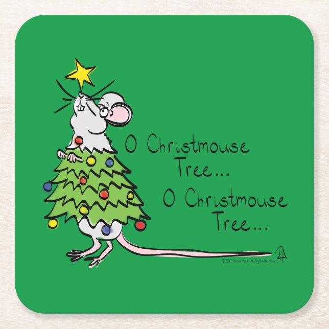 Christmas Mouse Cute Funny Holiday Square Paper Coaster (Front)
