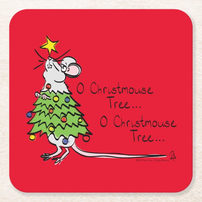 Christmas Mouse Cute Funny Holiday Square Paper Coaster (Front)