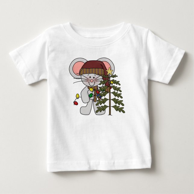 Christmas Mouse Decorating Tree Baby T-Shirt (Front)