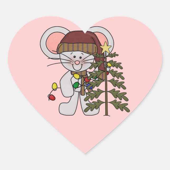 Christmas Mouse Decorating Tree Heart Sticker (Front)