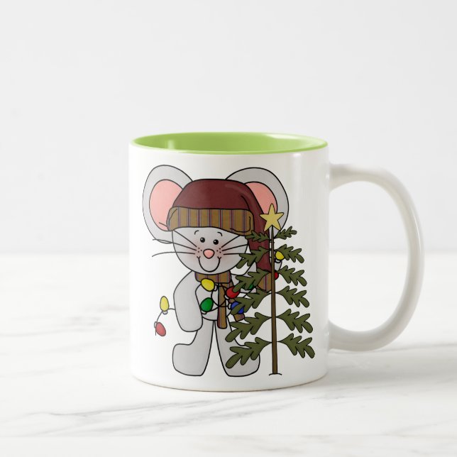 Christmas Mouse Decorating Tree Two-Tone Coffee Mug (Right)
