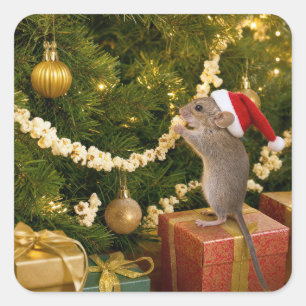 Christmas Mouse Eating Popcorn Garland on Tree Square Sticker
