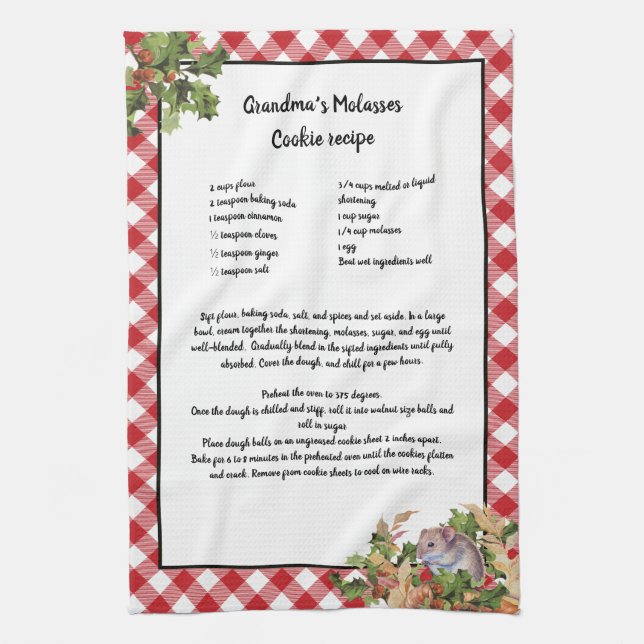 Christmas Mouse Holy Recipe Keepsake Red Plaid  Tea Towel (Vertical)