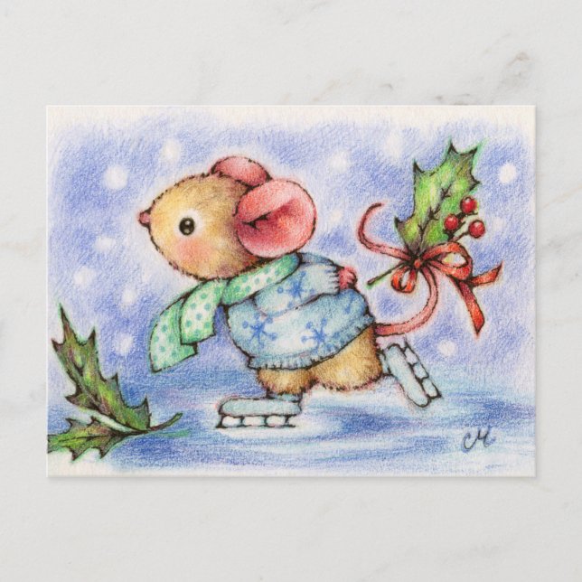 Christmas Mouse Ice Skating Cute Animal Postcard (Front)