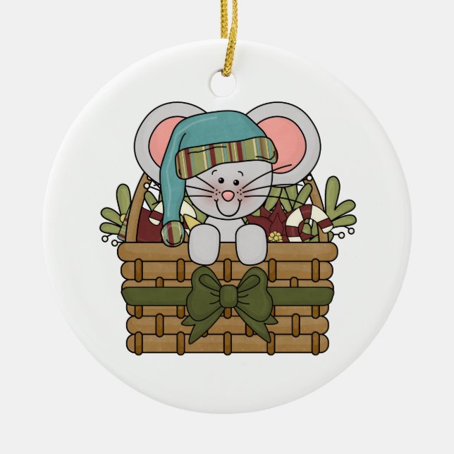 Christmas Mouse in Basket Ceramic Tree Decoration (Front)