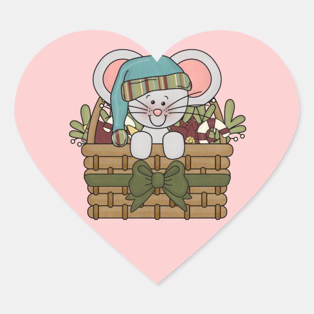 Christmas Mouse in Basket Heart Sticker (Front)