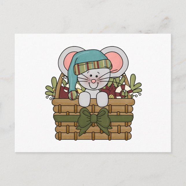 Christmas Mouse in Basket Holiday Postcard (Front)