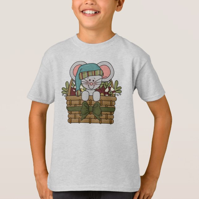 Christmas Mouse in Basket T-Shirt (Front)