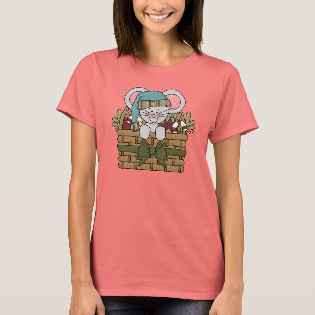 Christmas Mouse in Basket T-Shirt (Front)