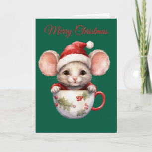 Christmas Mouse in Teacup Holiday Card