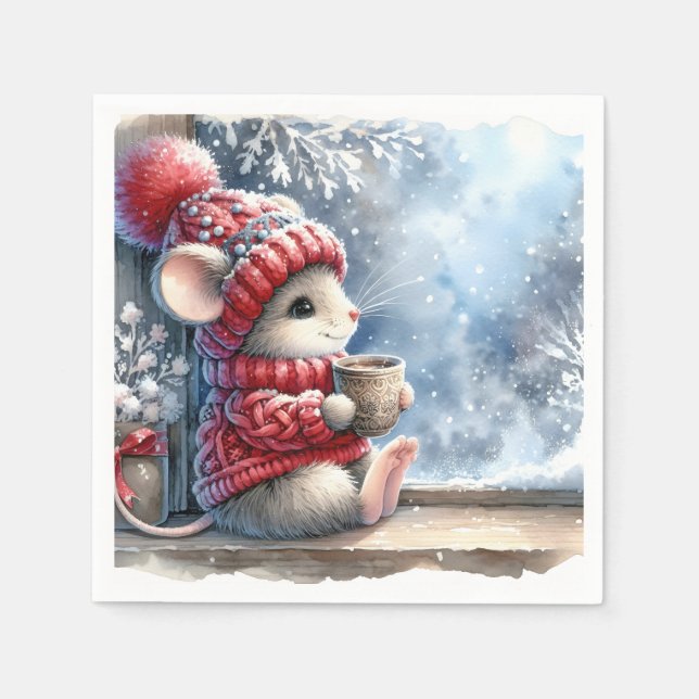 Christmas Mouse In Window With Hot Cocoa Napkin (Front)