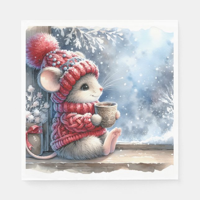 Christmas Mouse In Window With Hot Cocoa Napkin (Front)