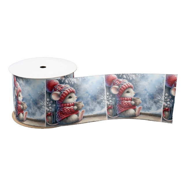 Christmas Mouse In Window With Hot Cocoa Satin Ribbon (Spool)