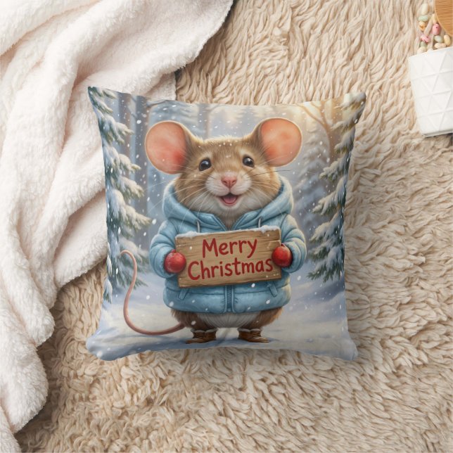 Christmas Mouse In Winter Forest Cushion (Blanket)