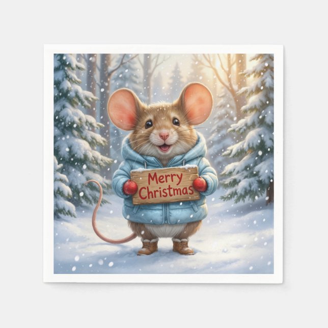 Christmas Mouse In Winter Forest Napkin (Front)