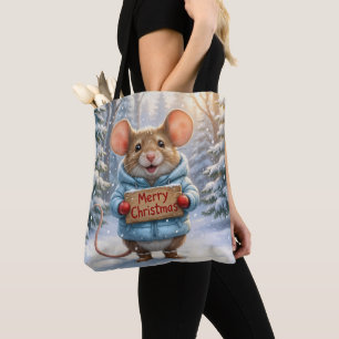 Christmas Mouse In Winter Forest Tote Bag