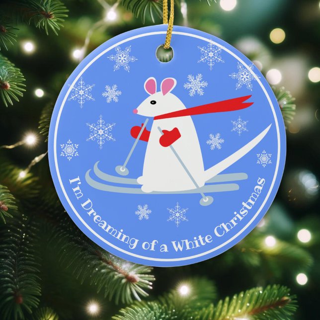 Christmas Mouse on Skis custom text Ceramic Tree Decoration (Creator Uploaded)
