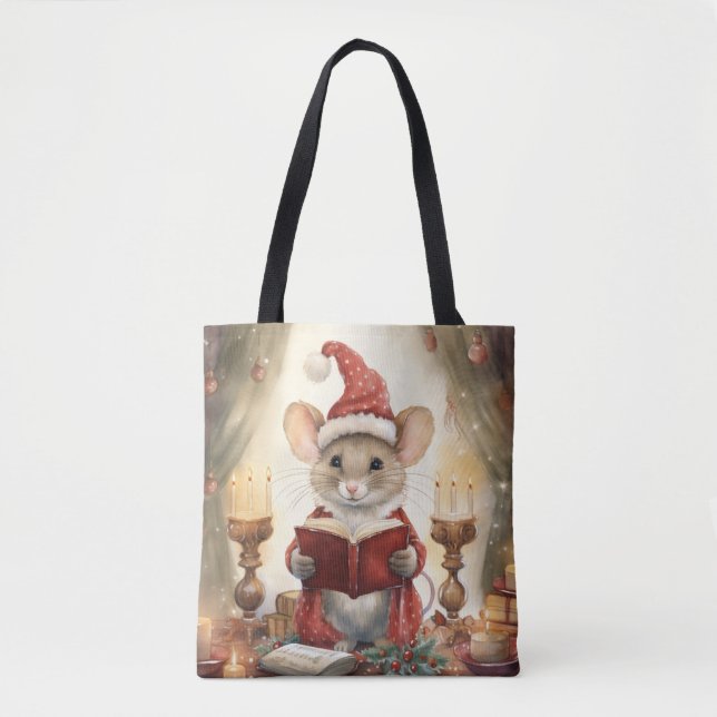 Christmas Mouse reading Tote Bag (Front)
