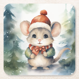 Christmas Mouse Square Paper Coaster