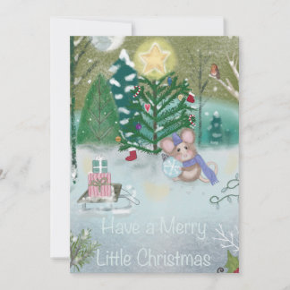 Christmas Mouse Trimming a Tree Holiday Card