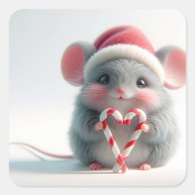 Christmas Mouse With Candy Cane Heart Square Sticker (Front)