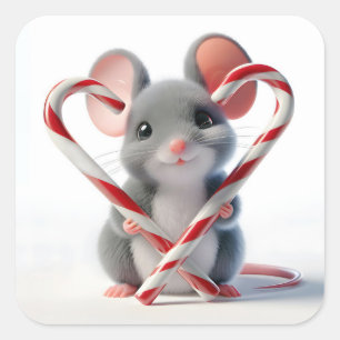 Christmas Mouse With Candy Cane Heart Square Sticker