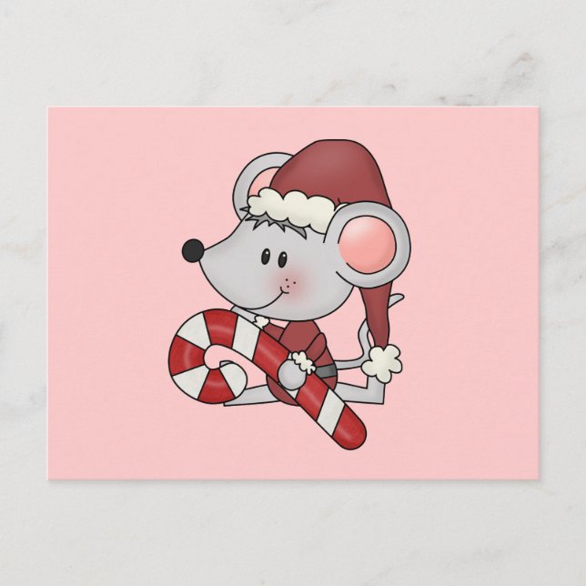 Christmas Mouse With Candy Cane Holiday Postcard (Front)