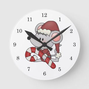 Christmas Mouse With Candy Cane Round Clock
