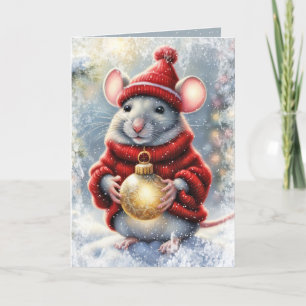 Christmas Mouse With Gold Ornament Holiday Card