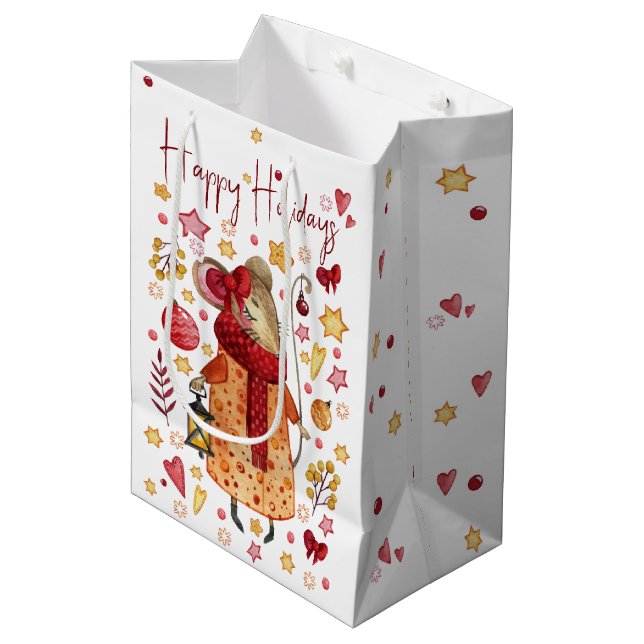 Christmas Mouse with Lantern  Medium Gift Bag (Front Angled)