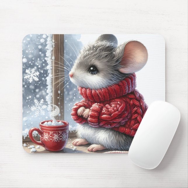 Christmas Mouse With Steaming Hot Cocoa Mouse Mat (With Mouse)