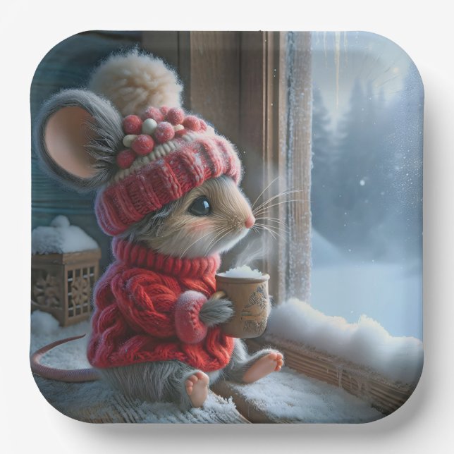 Christmas Mouse With Steaming Hot Cocoa Paper Plate (Front)