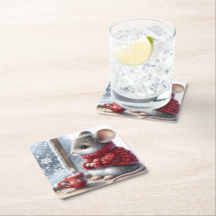 Christmas Mouse With Steaming Hot Cocoa Square Paper Coaster