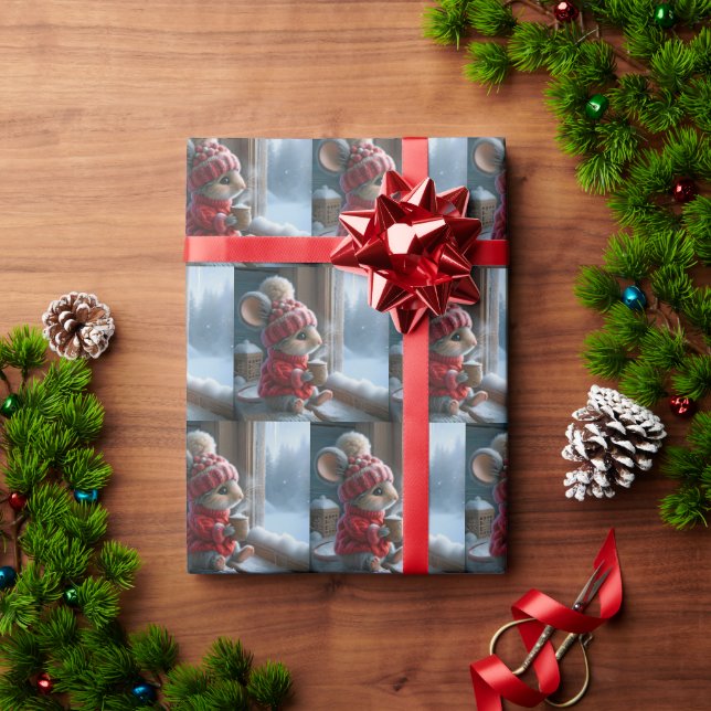 Christmas Mouse With Steaming Hot Cocoa Wrapping Paper (Holiday Gift)
