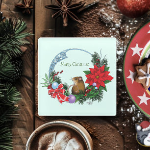 Christmas Mouse Wreath Glass Coaster