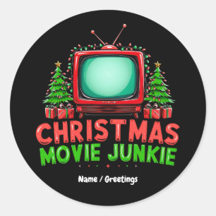  Christmas Movie Junkie Retro Holiday Funny Matchi Classic Round Sticker