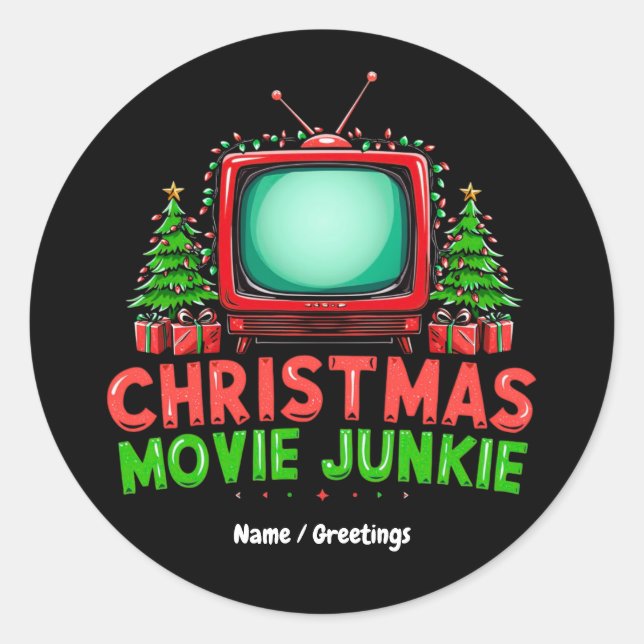  Christmas Movie Junkie Retro Holiday Funny Matchi Classic Round Sticker (Front)