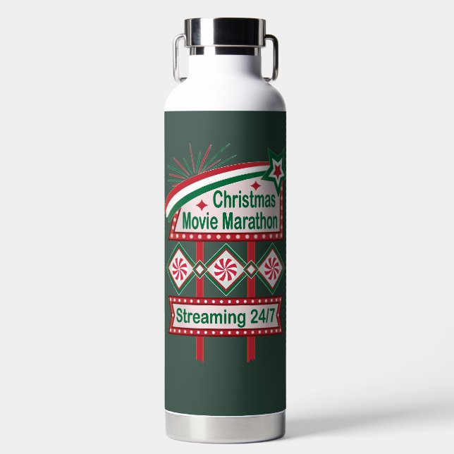 Christmas Movie Marathon Retro Marquee Festive Water Bottle (Front)