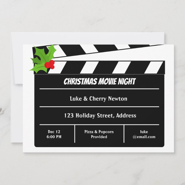 Christmas Movie Night Film Clapboard Holly Berry Invitation (Front)