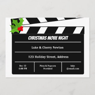 Christmas Movie Night Film Clapboard Holly Berry Invitation