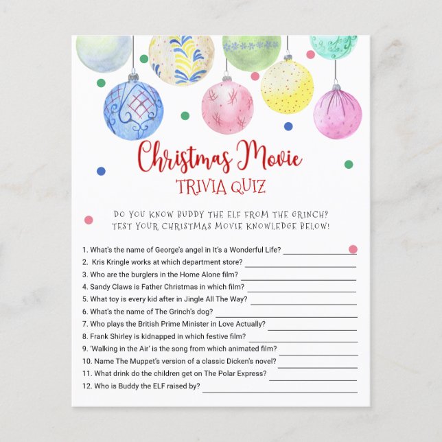 Christmas Movie TRIVIA QUIZ Game Card Flyer (Front)