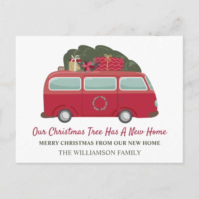 Christmas Moving Announcement | Camper & Tree  Postcard (Front)