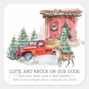 Christmas Moving Announcement Vintage Red Truck Square Sticker