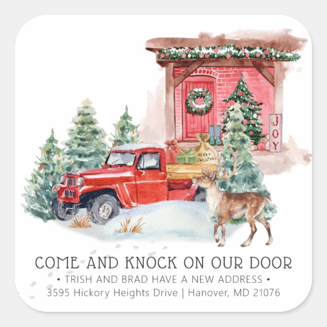 Christmas Moving Announcement | Vintage Red Truck Square Sticker (Front)