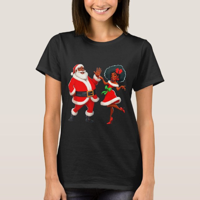 Christmas Mr Santa Mrs Claus Dancing African Ameri T-Shirt (Front)