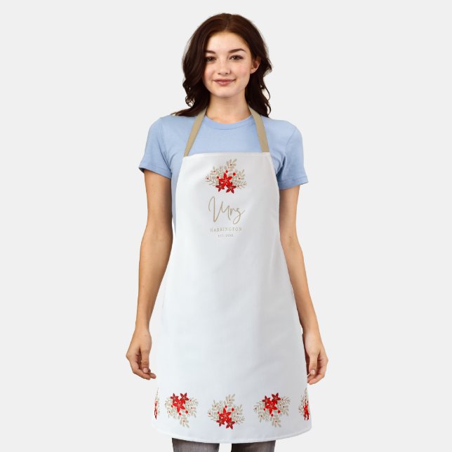 Christmas MRS Holly Branches Poinsettias Bouquet Apron (Worn)
